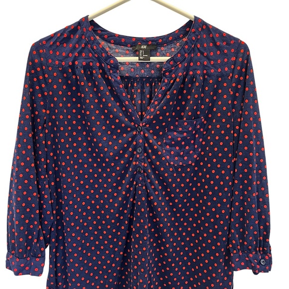 H&M Womens S Polka Dot Blouse Buttons Pocket Red Blue - Picture 3 of 7